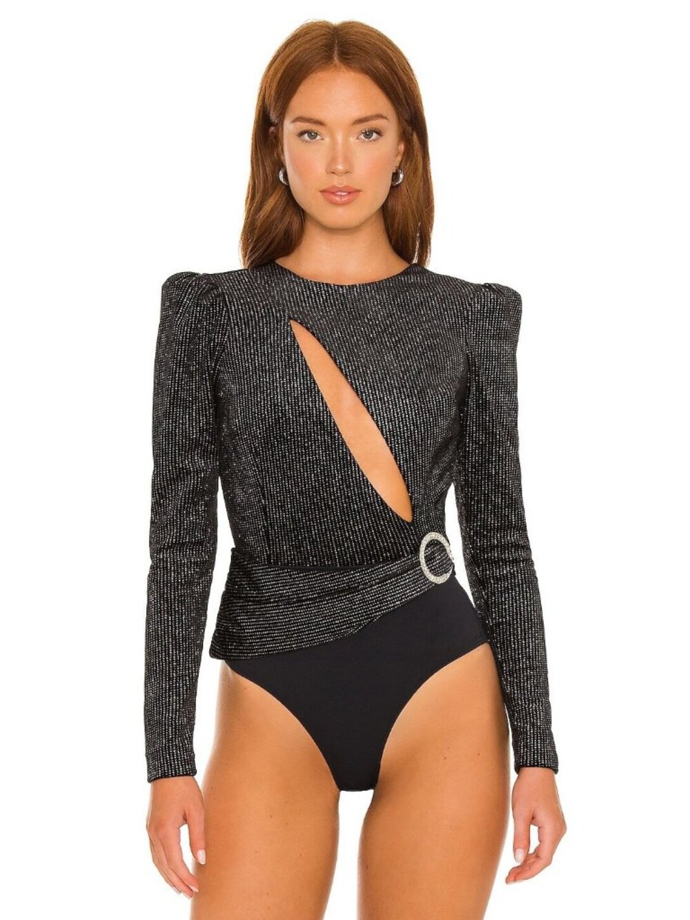 PatBO Strass Velvet Cutout Bodysuit in Black
